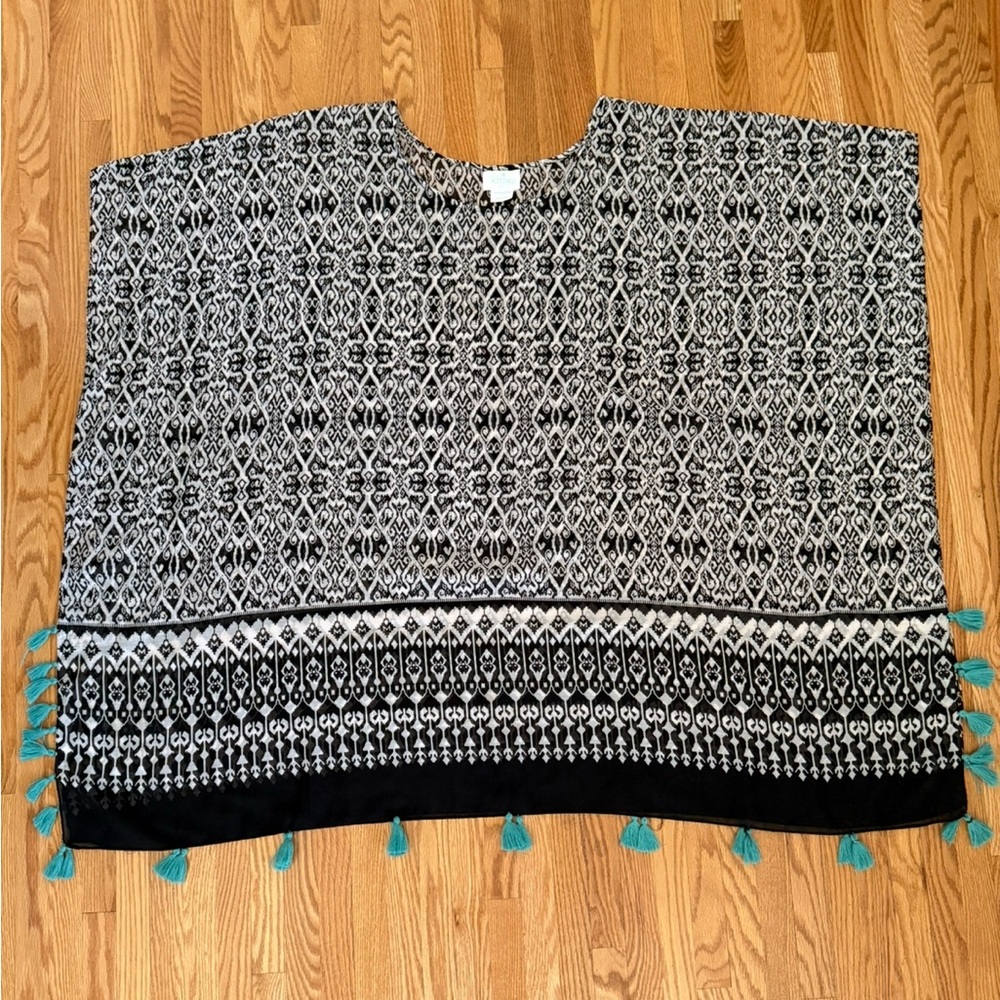 Black and White Patterned Poncho style swim cover with Teal Tassels